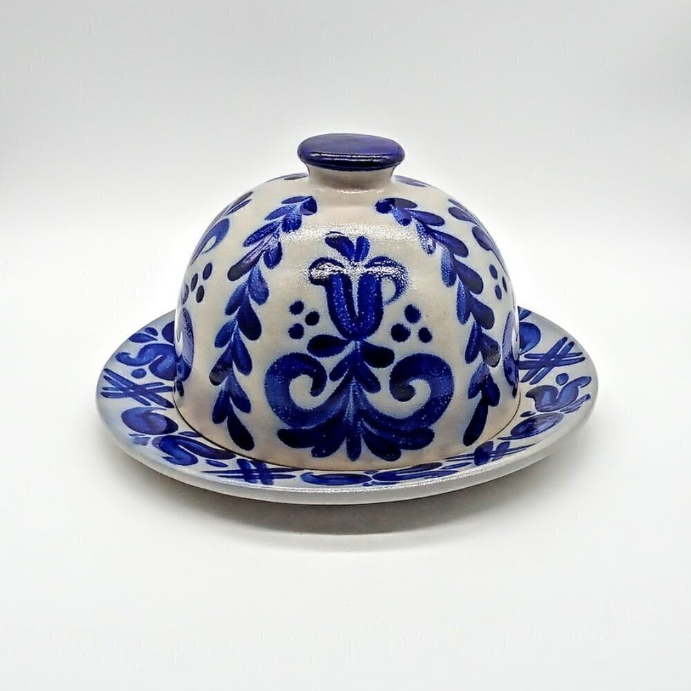 Vintage M Schilz German Blue Grey Salt Glazed Covered Round Plate